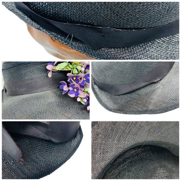 Vintage 1940s Purple Flower Hat Black Straw Cloche Macy\'s New York main image 6